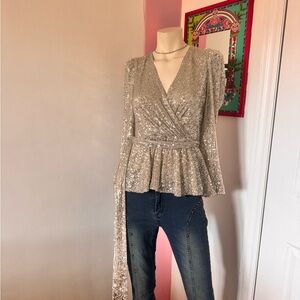 Eliza J Silver Sequin Wrap Blouse